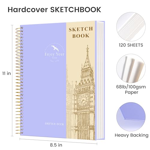 FLYING EAGLE Hardcover Sketchbook for Drawing 8.5 x 11 Spiral Sketch Book for Adults Women Kids with 100gsm 68lb 120 Sheets Premium Paper Sketch Pad for Drawing Books Notebook Art Supplies, Purple - color: Purple