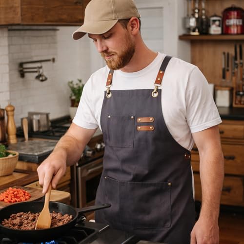Chef Aprons for Men Canvas Apron with Large Pockets and Adjustable Neck Strap for Cooking,BBQ, Gardening - color: Grey