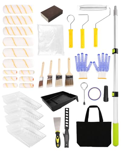 32 PCS Paint Roller Kit with Extension Pole, Paint Rollers Frames, Brushes, Tray & Liners, Professional Painting Supplies for Walls Ceiling House Interior, Foam Roller Tool Set with Bag