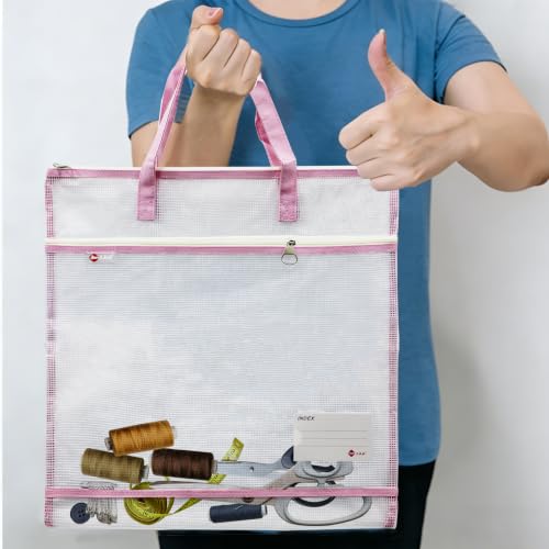 2 Pack 16.5x17 Inch Art Portfolio Bags, Portfolio Folder for Artwork, Posters Storage Case with Zipper and Handle Mesh Folder Organizers for Poster Storage, Scrapbook, Bulletin Boar(Pink) - color: Pink
