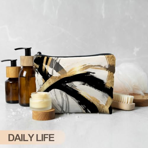 Abstract Black and Gold Makeup Bag, Boho Black White and Gold Cosmetic Bags for Women, Boho Gifts for Women, Mid Century Modern Zipper Makeup Pouch - color: Black gold