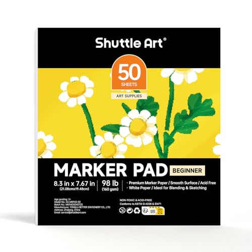 Shuttle Art Marker Pad, 8.3”x7.67” Portable Square Sketchbook, 50 Sheets Marker Drawing Paper, 98LB/160GSM Smooth Surface Bleedproof Art Paper, Glue-Bound, Great for Beginners to Draw, Paint & Sketch - size: 8.3x7.67 inch