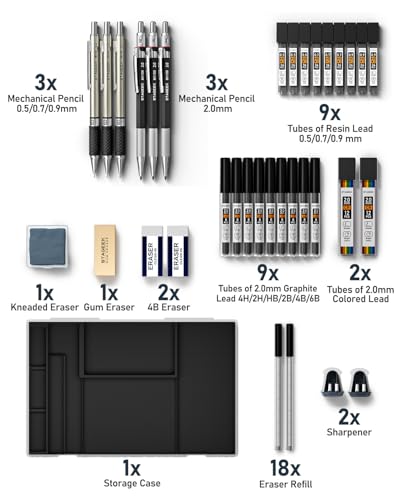 STAGEEK 34PCS Mechanical Pencil Set with Case, 0.5, 0.7, 0.9 ＆ 3PCS 2mm - style: 0.5, 0.7, 0.9, 2MM