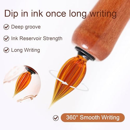 Wooden Handmade Glass Dip Pen Glass Calligraphy Pen for Writing Painting Signing Calligraphy