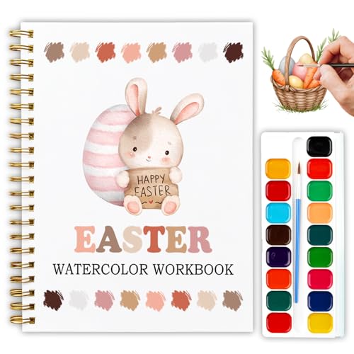 Easter Bunny and Egg Watercolor Workbook, Water Coloring Book, 12 Patterns, Spring Easter Watercolor Kit for Beginners, Relaxing DIY Gift for Adults, Women and Family - color: Pink-Easter