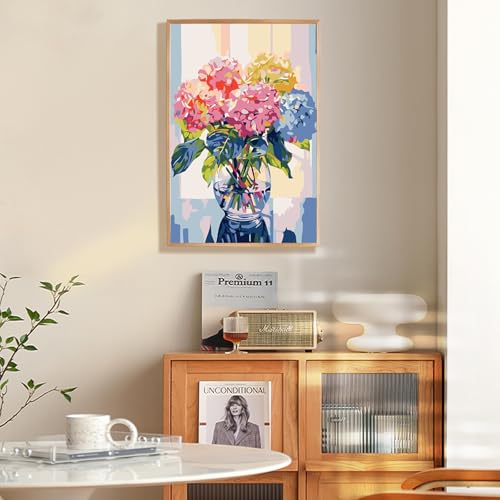 Framed Paint by Numbers Kit for Adults Beginner & Kids Ages 8-12, Hydrangea in Glass Vase Window Paint by Number with Frame, Easy Acrylic Colorful Flowers Painting by Numbers Kit on Canvas 8x12 inch - color: Hydrangea Vase, size: 8x12 Inch
