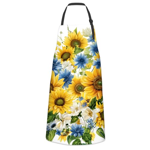 Sunflower and Daisy Apron for Women Men, Cooking BBQ Chef Polyester Lightweight Bright Floral Aprons with Pockets for Baking Kitchen Gardening Cleaning, Adjustable Neck Strap, 28×33inch - color: Sunflower28
