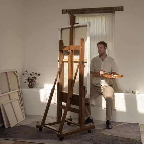 MEEDEN Enlarged Heavy-Duty H-Frame Easel: Artist Solid Beech Wooden Studio Easel - Professional Painting Art Easel Stand with 4 Lockable Wheels & Leveling Bolts - Hold Canvas up to 86" H,Walnut - color: Walnut, size: X-Large