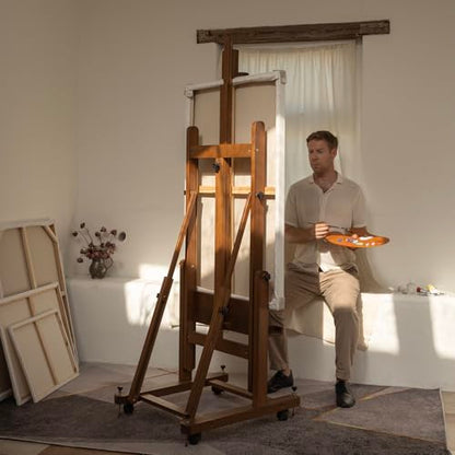 MEEDEN Enlarged Heavy-Duty H-Frame Easel: Artist Solid Beech Wooden Studio Easel - Professional Painting Art Easel Stand with 4 Lockable Wheels & Leveling Bolts - Hold Canvas up to 86" H,Walnut - color: Walnut, size: X-Large