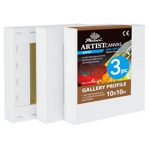 PHOENIX 10x10 Inch 3 Pack Gallery Canvas - 1.5 in Thick Square Canvases for Painting - Deep Edge 100% Cotton 11 Oz. Gesso Primed White Blank Professional Canvas Oil & Acrylic Paints - size: 10"x10", style: Gallery