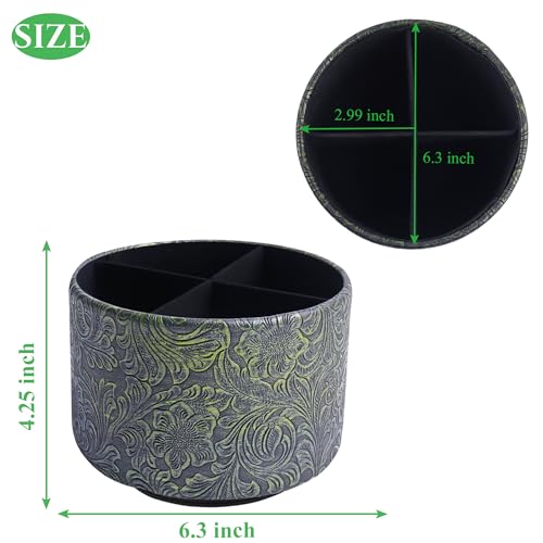 Round Leather Art Supply Organizer,Remote Control Holder,360 Degree Spinning,Multi-Functional Pencil Holder,4 Compartments Desktop Stationary Organizer(1-Carved Metal Green2) - color: 1-Carved Metal Green2