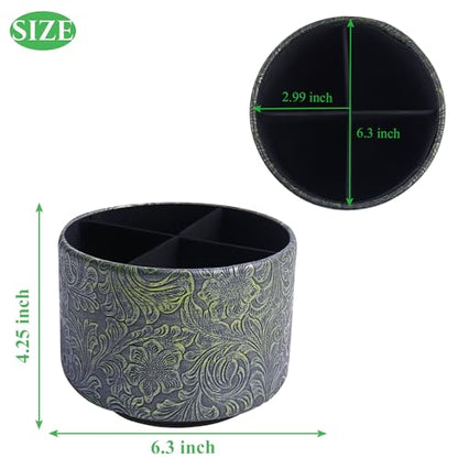Round Leather Art Supply Organizer,Remote Control Holder,360 Degree Spinning,Multi-Functional Pencil Holder,4 Compartments Desktop Stationary Organizer(1-Carved Metal Green2) - color: 1-Carved Metal Green2