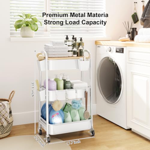 3 Tier Rolling Cart Metal with Wheels and Bamboo Table Top, Art Cart Organizer on Wheels, White Three Tiered Storage Utility Carts for Craft, Baby, Diaper Caddy,Coffee,Kitchen,Cleaning,Office Supplies - color: White