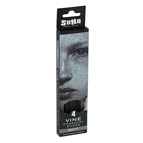Soho Urban Artist Vine Charcoal - Drawing Charcoal for Artists, Students, Blending, Live Figure Drawing, & More! - [Black - Soft - 4 Pack]