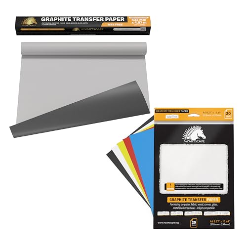 MyArtscape Graphite Transfer Paper Roll, Wax-Free, 17" x 15ft Transfer Roll with Graphite Transfer Paper, 20 Mixed Sheets - Erasable - Smudge-Free