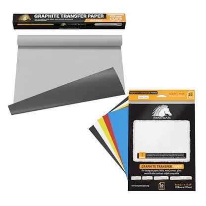 MyArtscape Graphite Transfer Paper Roll, Wax-Free, 17" x 15ft Transfer Roll with Graphite Transfer Paper, 20 Mixed Sheets - Erasable - Smudge-Free