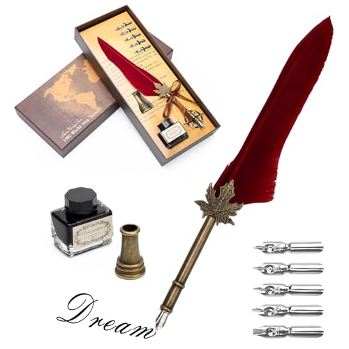 AHIER Quill Pen and Ink Set, Feather Pen Quill Pen Set Includes 5 Steel Replacement Nibs,Pen Nib Base and Dip Ink Bottle for Antique Calligraphy (Red) - color: Red