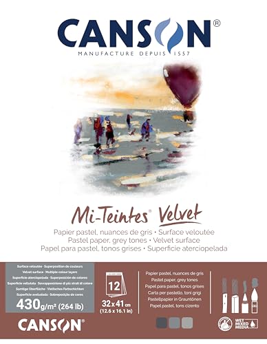 Canson Mi-Teintes Velvet Drawing Paper Pad, Grey Tones, Assorted Colors, Glue Binding, (260lb/430g), 12 Sheet, 12.6x16.1 inch, 1 Count - color: Grey Tones, size: 32x41cm