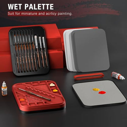 Wet Pallet for Painting Miniatures - Golden Maple 2 in 1 Dry and Wet Palette with Lid, Including 11 Miniature Paint Brushes,100PCS Palette Paper, 4PCS Sponges, Paint Brushes Holders - color: Red+black