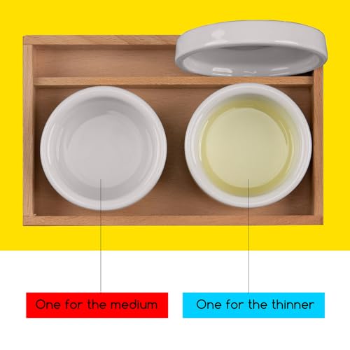 MEEDEN 2 Pack Porcelain Palette Cup: Deep Well Oil Paint Dipper | Ceramic Palette with Lid, Oil Painting Cup, Artists Paint Water Cup, Brush Wash Bowl with Beech Wood Tray - size: Not Available | 2 Wells