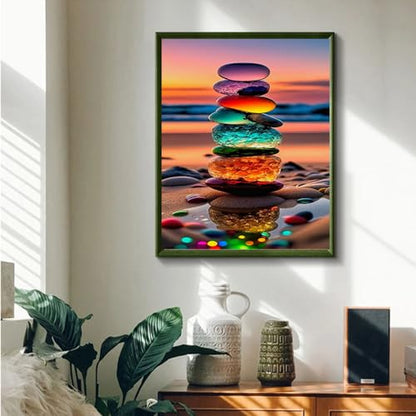 JUJUHOOD Sunset Beach Stone Paint by Numbers Beginner,Beach Scenery Paint by Number Kit for Adults, Adult Paint by Number Canvas with Paintbrushes and Acrylic Pigment16x20 inch,Sunset Beach Stone - color: Sunset Beach Stone
