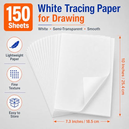 PSLER 150PCS Transfer Tracing Paper - Translucent Trace Paper for Drawing | Use with Tracing Paper, Transparent Paper for Pencil, Ink, Markers, Artist Lettering, Sketching, Sewing Patterns, A4
