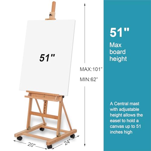 Beechwood H-Frame Artist Studio Easel with Wheels and Storage Tray, Natural | Adjustable Floor Easel Stand Holding Canvas up to 51Inches for Painting - style: Natural