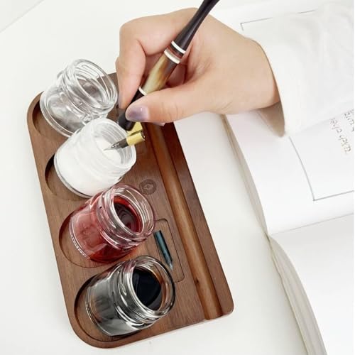 Wooden Tilting Calligraphy Pen Holder with 14Pcs Empty Glass Ink Bottle Container, Calligraphy Oblique Nib Holder Stand Base Set Desktop Tabel Decoration