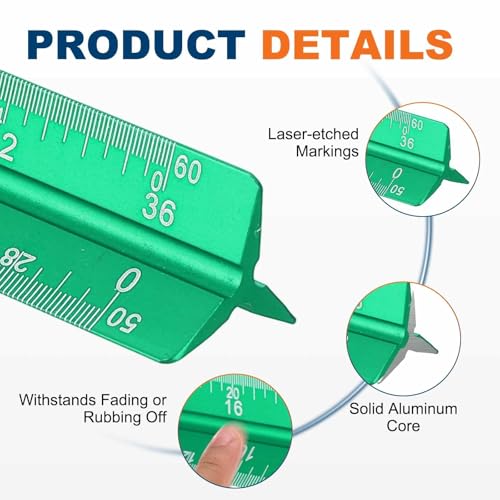 HARFINGTON 2 Pcs Architectural Scale Ruler, 7 Inch Standard Aluminum Alloy Architect Triangular Large Scale Laser-Etched Blueprint Drafting Ruler for Architects Engineers, Green - color: Green, size: 7 Inch