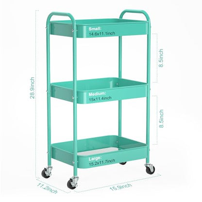 3-Tier Rolling Cart, Metal Utility Storage Carts with Wheels,Blue | Multi-Functional Organizer Easy Assembly Snack Cart - color: Blue