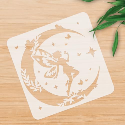 Fairy Moon Stencil for Painting 11.8 x 11.8 Inch Reusable Plastic Fairy Template for Painting on Wall Wood Furniture Fabric Canvas, DIY Craft Stencil | 11.8" x 11.8" Plastic Craft Stencil, Fairy Moon Wall Stencil, DIY Home Decor Template for Wall Wood Fab