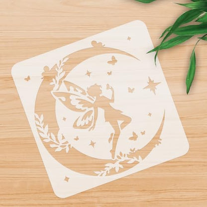 Fairy Moon Stencil for Painting 11.8 x 11.8 Inch Reusable Plastic Fairy Template for Painting on Wall Wood Furniture Fabric Canvas, DIY Craft Stencil | 11.8" x 11.8" Plastic Craft Stencil, Fairy Moon Wall Stencil, DIY Home Decor Template for Wall Wood Fab