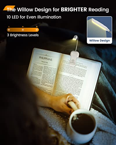Glocusent Willow Book Light, 10LED, 3 Colors & 3 Brightness, Rechargeable, Lightweight, Clip on, Modern Design, Pure White, ABS Material, USB-C, 80hr Runtime, Ideal for Book Lovers | 3 Colors & 3 Brightness, Rechargeable, 80Hrs, Lightweight, Clip on, Chri