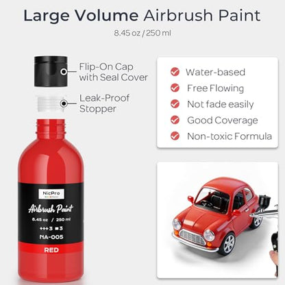 Nicpro Red Large Airbrush Paint (8.45 oz, 250 ml) Ready to Spray Opaque Water-Based Acrylic Air Brush Paints for Model, Wood, Canvas, Metal, Plastic, Leather, for Beginners & Artists - color: Red