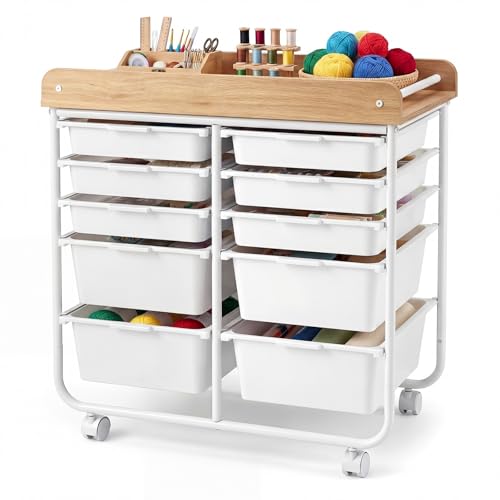 BECOMFORT 10-Drawers Rolling Utility Cart, Storage Cart on Wheels, Teacher Classroom Organizers with Wooden Tabletop & Lockable Wheels, Mobile Trolley Craft Cart for Art Paper Tools School Office - color: White, size: 10 Drawers (4 Big +6 Small)