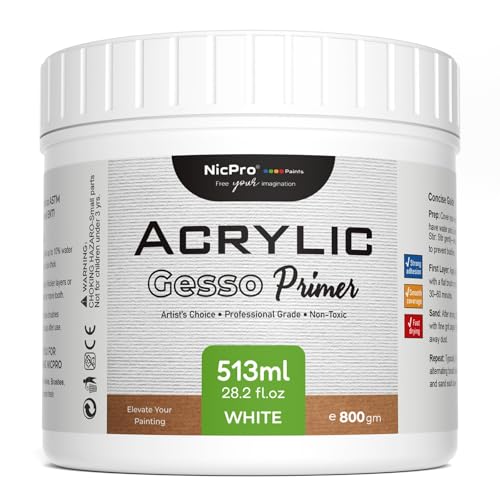 Nicpro White Heavy Gesso Primer for Acrylic Painting(28.2Oz / 834ML) | Excellent Coverage Surface Prep Medium for Oil Paint & Acrylic Paint, Mixable Gesso Primer for Canvas, Wood, Paper, Plastic - color: White, size: 28.2 Ounce (Pack of 1)