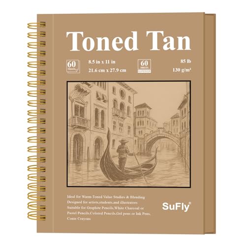 SuFly Toned Tan Sketch Pad, 8 1/2 x 11 Sketchbook, 60 Sheets - 90lb/150gsm Toned Tan Sketch Paper for Mixed Media, Charcoal, Graphite, Colored Pencils & White Gel Pens, 100% Recycled, Wire-O Bound. - color: Toned Tan, size: 8.5-x-11-inch:1 Pack