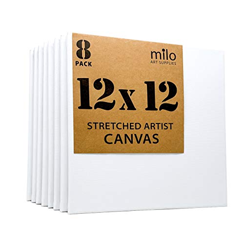 milo Stretched Artist Canvas, 12x12 inch, Value Pack of 8, Blank White | Primed & Ready-to-Paint Art Painting Supplies for Acrylic, Oil, Mixed Wet Media, & Pouring, 100% Cotton with Pine Wood Frame - size: 12" x 12"