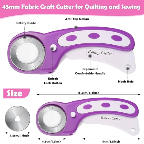 Rotary Fabric Cutter and Mat Set, Audab Self Healing Sewing Mats Shirt Cutter 45mm Rotary Cutting Wheel with Fabric Tool Blades for Cloth Crafts Quilting Scrapbooking Hobby (A4 9" x 12" Purple) - color: Purple