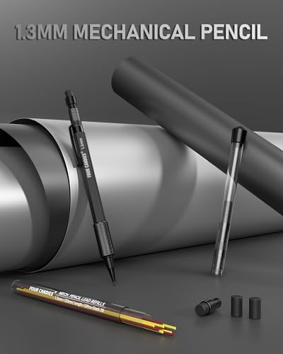 Four Candies 1.3mm Mechanical Pencil Set with 24 Lead Refills, Metal Weatherproof Heavy Duty Outdoor Carpenter Pencil, Eraser, 6 Eraser Refills for Architect Drafting Woodworking Marking with Case - size: 1-Pack, style: Black