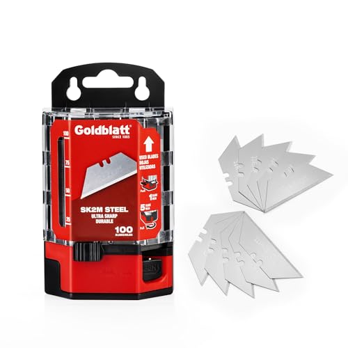 Goldblatt 100-Pack Utility Blades with Tempered SK2M Steel | Double-honed Edges Deliver Lasting Sharpness for Cutting Cardboard, Leather, Linoleum, Rope, and More, Dispenser Included