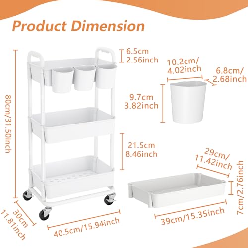 3-Tier Plastic Rolling Storage Cart Utility Cart with Extra Hanging Cups Handles Lockable Wheels for Living Room Bathroom Kitchen Office White | Utility Cart with Extra Hanging Cups Arc-Shaped Handles Lockable Wheels for Living Room Bathroom Kitchen Offic