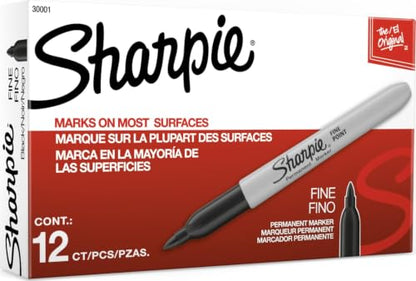 Sharpie Permanent Markers, Fine Tip, Black, 12 Count - Quick Drying, Fade Resistant, For Wood, Plastic, Paper, Metal, And More