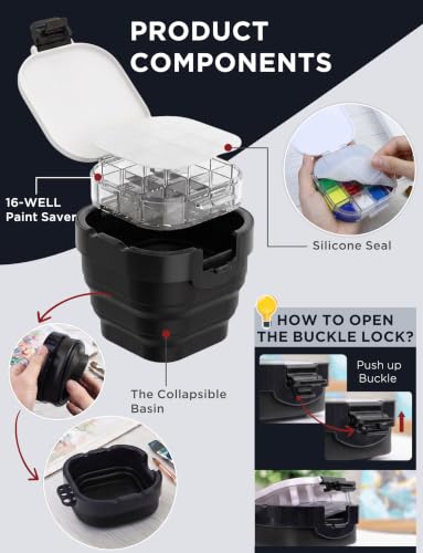 16-Well Airtight Empty Palette Box with Lid & Foldable Water Cup, Black | Compact Travel Design, Refillable Paint Storage Suitable for Guache, Watercolor & Acrylic - color: Black