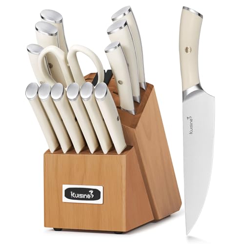 Kuisine Kitchen Knife Set,High Carbon Stainless Steel Ultra Sharp Blade Ergonomic Handle,Knife Block Set with Built-in Sharpener,Elegant Gift for Holiday(Irovy-Acacia,15PCS) - color: Pro Max Acacia Wood, size: 15 pieces