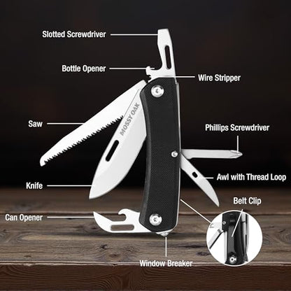 MOSSY OAK 10-in-1 Folding Pocket Knife with Saw, Stainless Steel | Includes can opener and screwdrivers, ideal for EDC, camping, hiking, fishing, and outdoor adventures