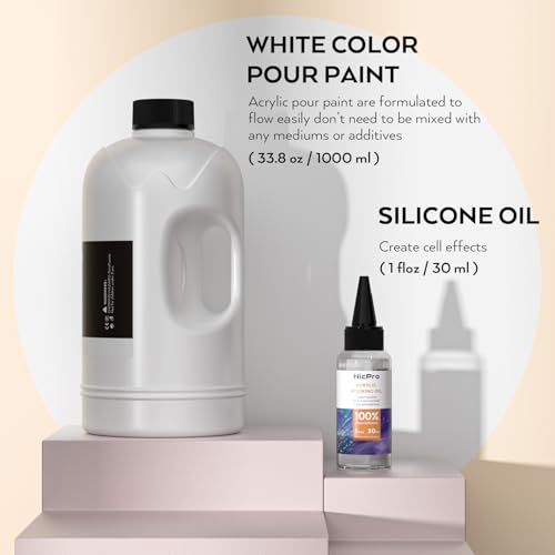 Nicpro Titanium White Color Acrylic Pour Paint, 33.8oz Pre-Mixed Pouring | Paint Supplies with Silicone Pour Oil & Gloves for Canvas, Rock, Wood Cell Creation Flow DIY Art Painting, Ready to Pour - color: 33.8oz-white