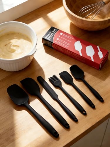 6 Pieces Silicone Spatula Set - Heavy Duty Kitchen Cooking Serving Utensils, Non-Stick Silicone Cooking Utensils Set, Kitchen Utensil Set with Oil Brush, Jar Spatula & Mini Spatulas (Black) - color: Black