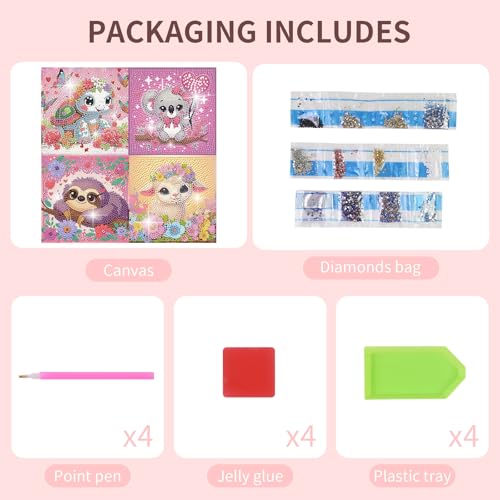 FlyingMage 5D Diamond Art Kits for Adults,Kawaii DIY Painting Art for Women, 4 Pack Cute Diamond Arts and Crafts Sets,Diamond Art Mosaic Kits,Big Gem Full Drill Diamond Dots, Turtle Koala Sloth Sheep - color: Pink Turtle+Koala+Sloth+Sheep