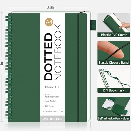 AHGXG Dotted Journal, Grid Spiral Notebook, 110 Pages, A4 (8.5" x 11") | 100 GSM Thick Dot Paper, Waterproof Plastic Cover Journals for Journaling, Sketching (Green) - color: Green, style: A4-Dotted